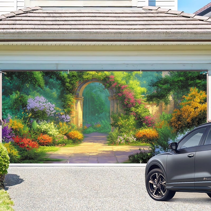 ANNA QUEEN Garden Archway Garage Door Banner 6x13FT, Colorful Flower Path Garage Door Cover, Large Outdoor Garden Decoration for Garage Doors, Fence & Fantasy Party Backdrop - Image 2